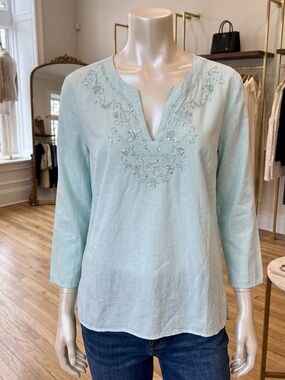 Light Aqua Embroidered V-Neck Women's Top